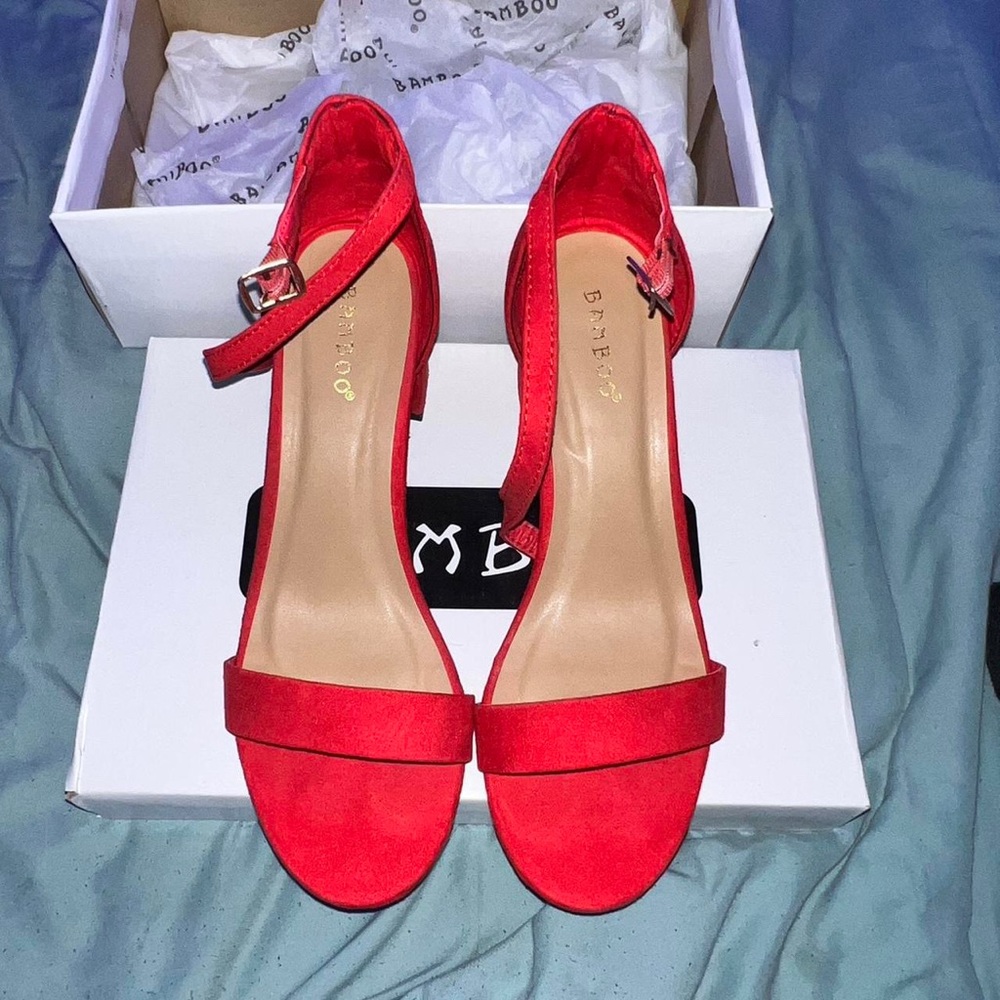 Size 7 red ankle strap chunky mid heel
